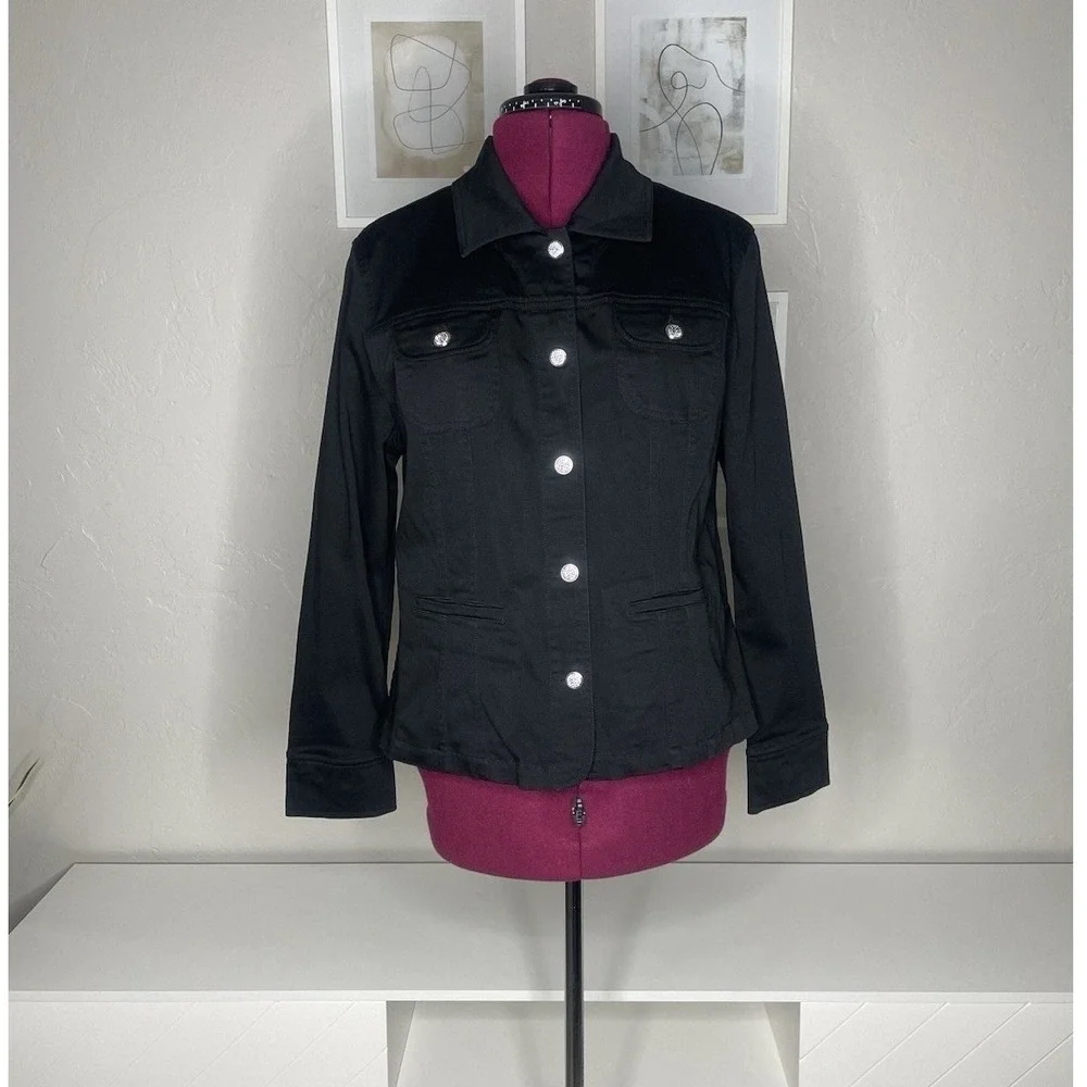 Christine Alexander Jacket Women's L Black Rhinestone‎ Button Zebra Trim Cotton
